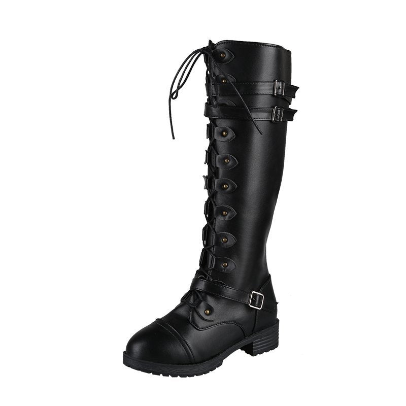 Damen  kniehohe Schnürstiefel mit seitlichem Reißverschluss, verstellbaren Zierriemen und profilierter Gummisohle Drune