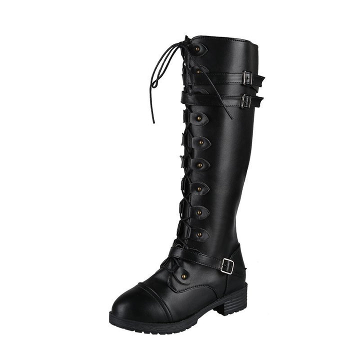 Damen  kniehohe Schnürstiefel mit seitlichem Reißverschluss, verstellbaren Zierriemen und profilierter Gummisohle Drune