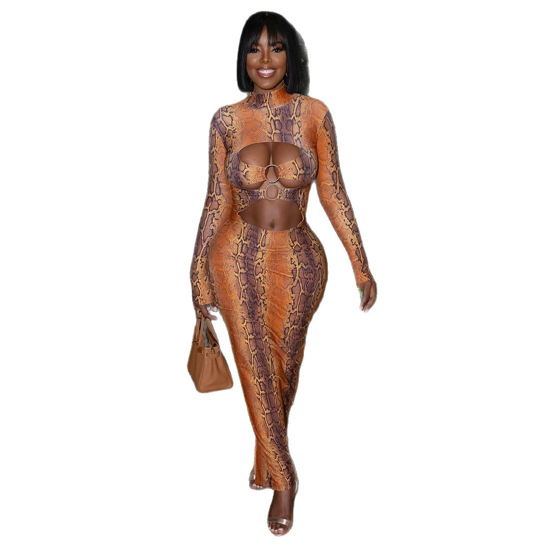 Damen Maxikleid mit elegantem Schlangenhautmuster und hoch geschlossenem Kragen Drune