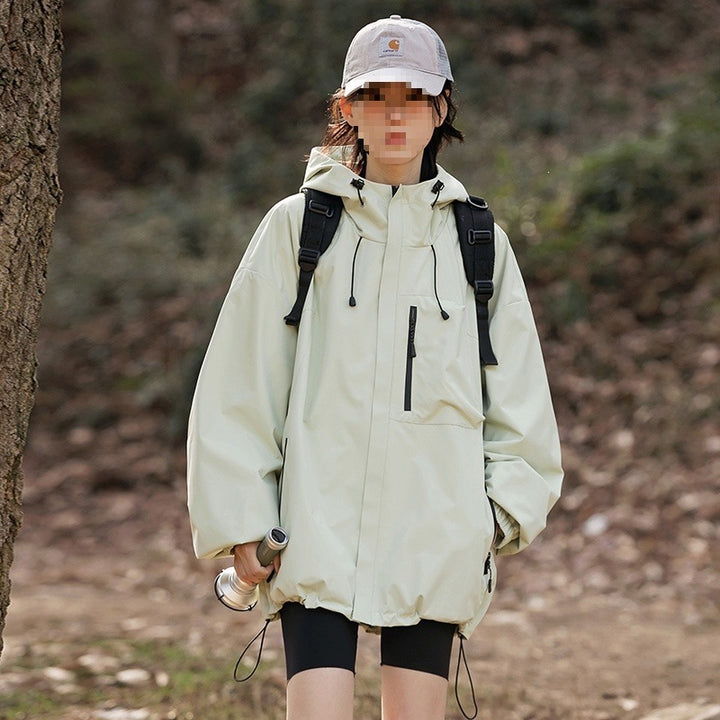 Damen technische Oversize-Outdoorjacke mit Kapuze, wasserabweisender Hülle & Kordelzug Drune