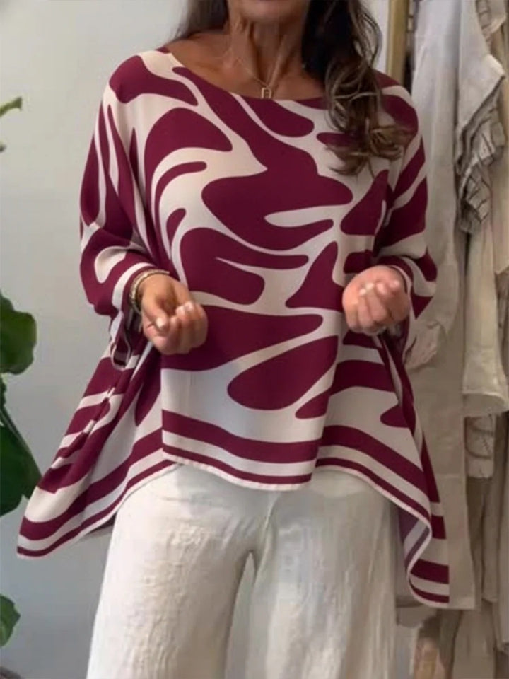 Damen Oversize Sommerbluse mit abstraktem Print, Fledermausärmeln und asymmetrischem Saum Drune