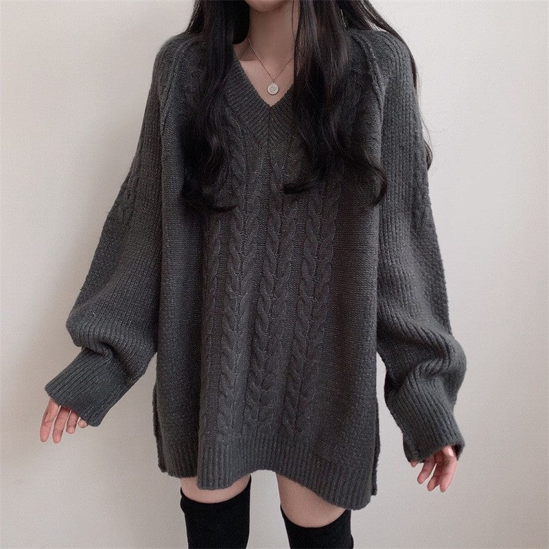 Damen Großer Strickpullover mit V-Ausschnitt und großem Zopfmuster Drune