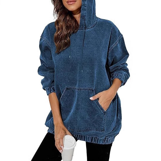 Damen Oversize Kapuzenpullover aus verwaschenem Jeansstoff mit Kängurutasche Drune
