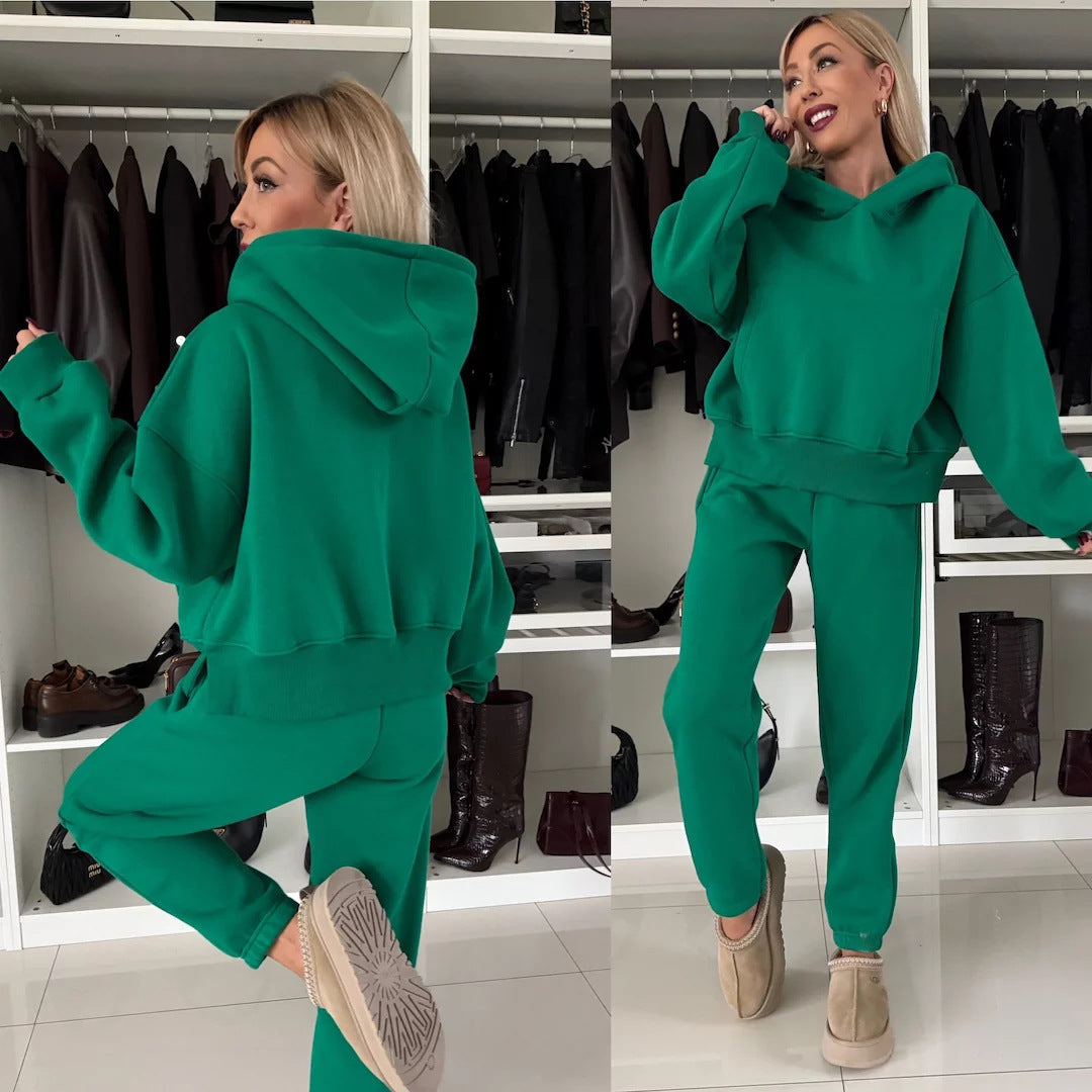 Damen Kurzgeschnittenes Kapuzen-Hoodie und High‑Waist Jogginghose Set aus weichem French-Terry Drune