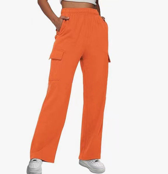 Damen nan lässige Cargo-Freizeithose mit weitem Bein elastischem Bund und aufgesetzten Taschen Drune