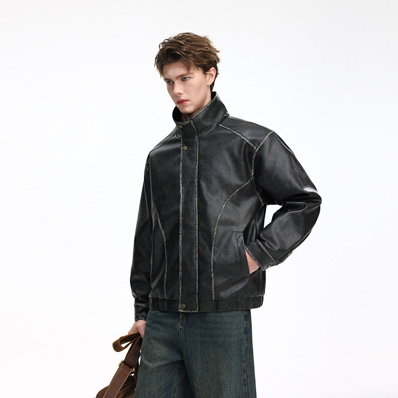 Herren Lederoptik-Blouson mit Stehkragen, Reißverschluss und Ziernähten Drune