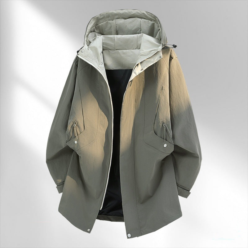 Herren Wasserabweisende Oversize-Utility-Übergangsjacke mit Kapuze und verdecktem Zwei-Wege-Reißverschluss Drune