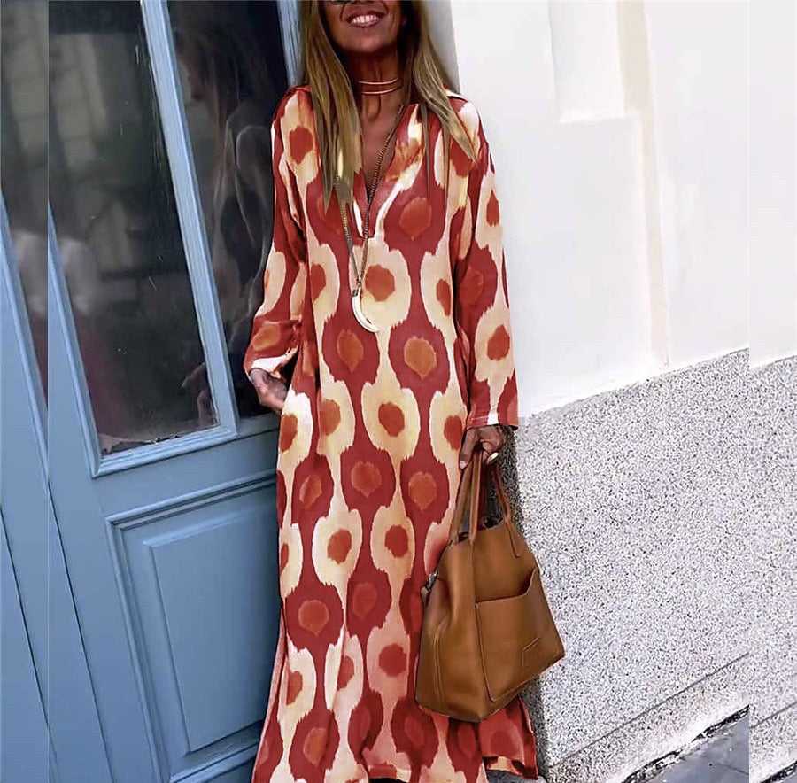 Damen Langes Boho-Maxikleid mit V-Ausschnitt, lockerem Schnitt und auffälligem Allover-Print Drune