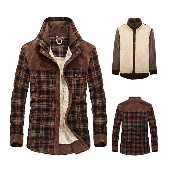 Herren lässige Flanell-Fieldshirt-Jacke mit Teddy-Innenfutter und Cord-Besätzen Drune