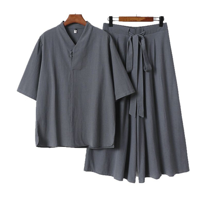 Unisex Zweiteiliges Kimono-Lounge-Set mit Stehkragen Kurzarmtop und weiter Bindbundhose Drune