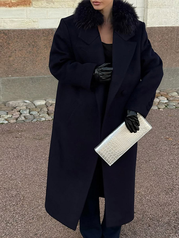 Damen langer Wollmix-Mantel mit großzügigem Kunstpelz‑Schalkragen und Oversize‑Schnitt Drune