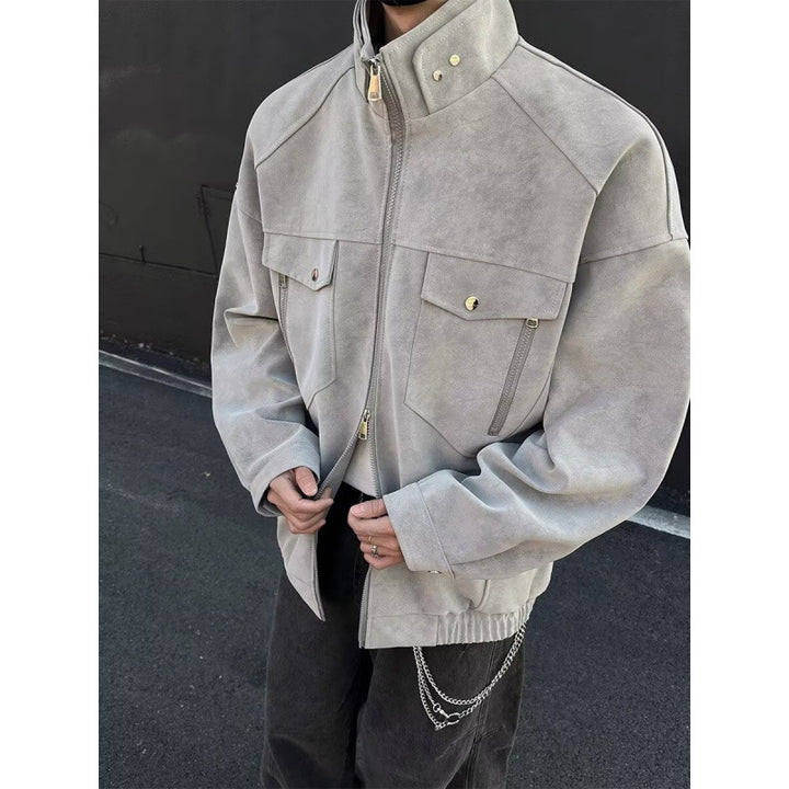 Herren Oversized Wildleder-Optik Utility-Jacke mit hohem Stehkragen Drune