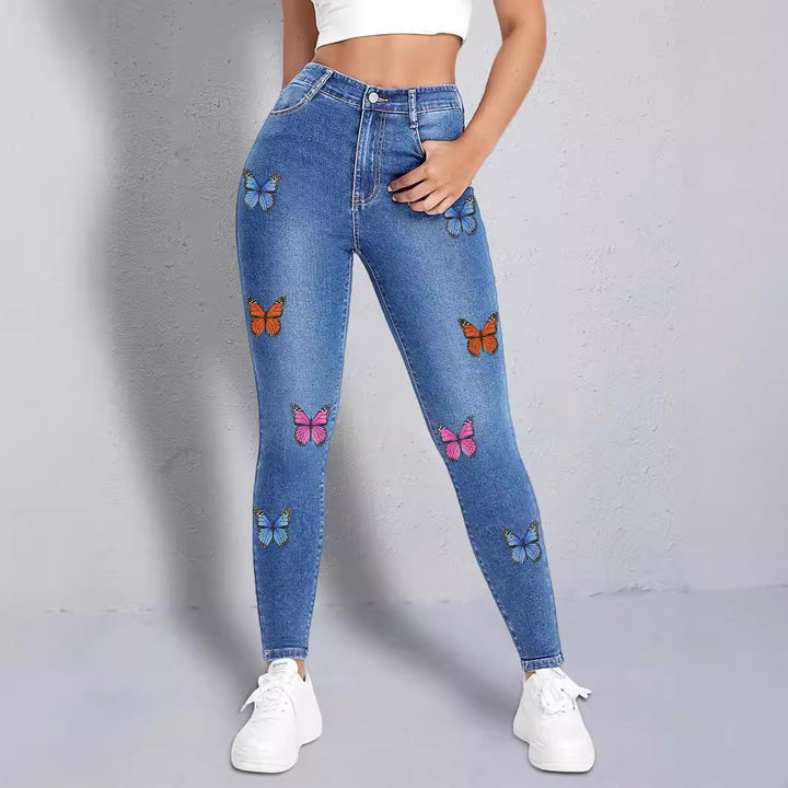 Damen enganliegende High‑Waist Jeansleggings mit buntem Schmetterling-Print Drune