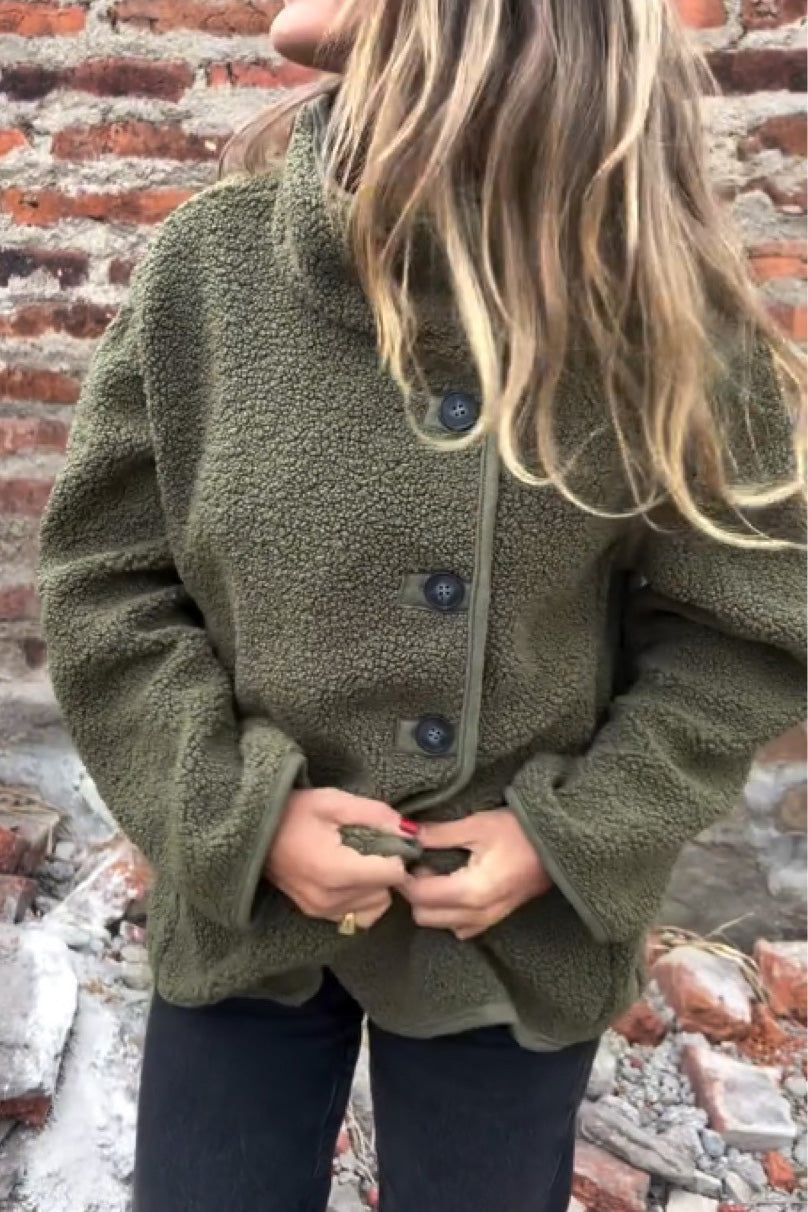 Drune | Unregelmäßige Knopfhals Hohe Kragen Fleecejacke