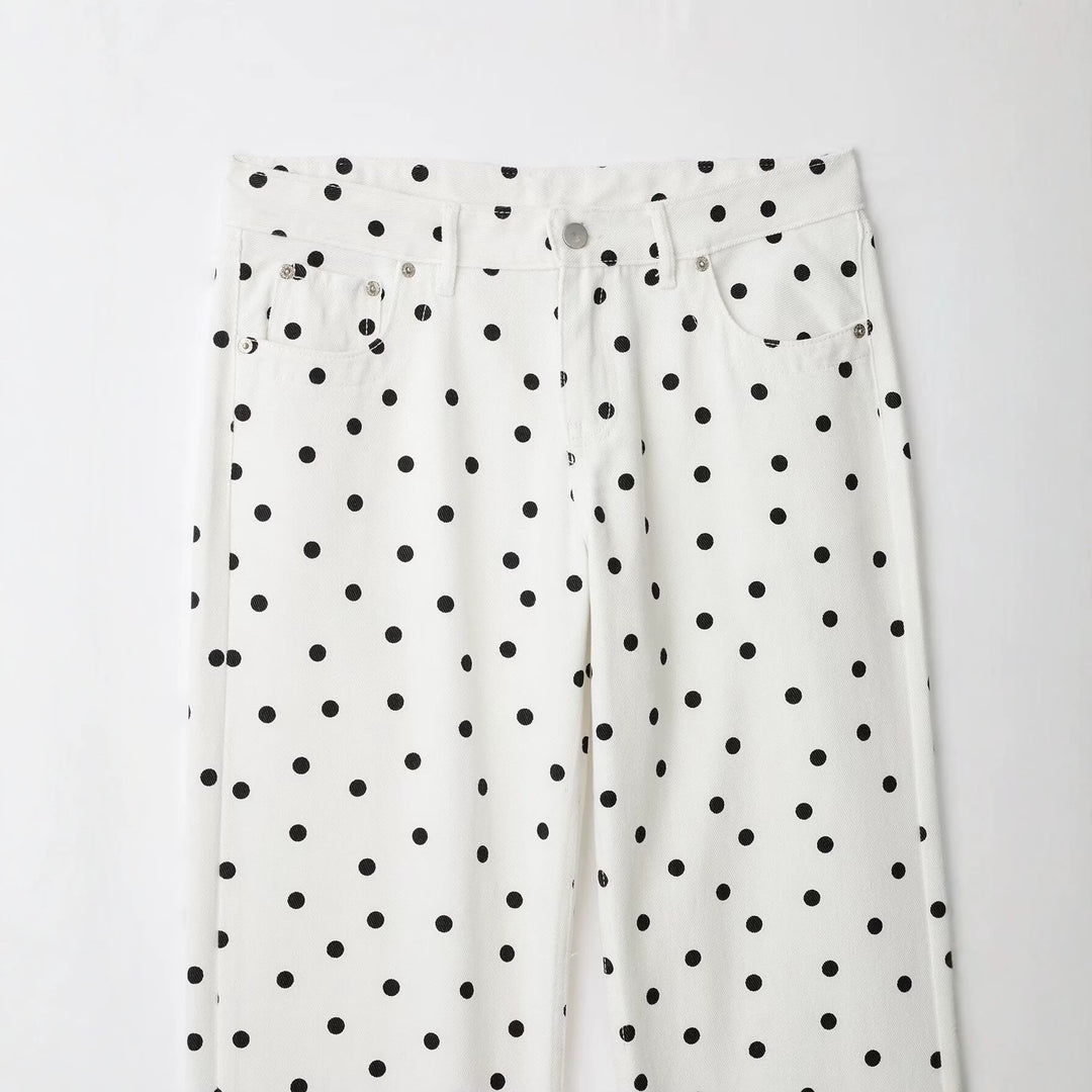 Damen Jeanshose mit weitem Bein, hohem Bund und Polka‑Dot‑Print Drune