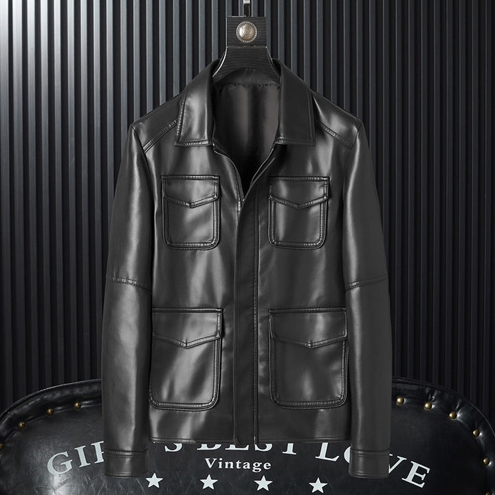Herren Kunstleder-Fieldjacke mit vier Pattentaschen und Hemdkragen Drune