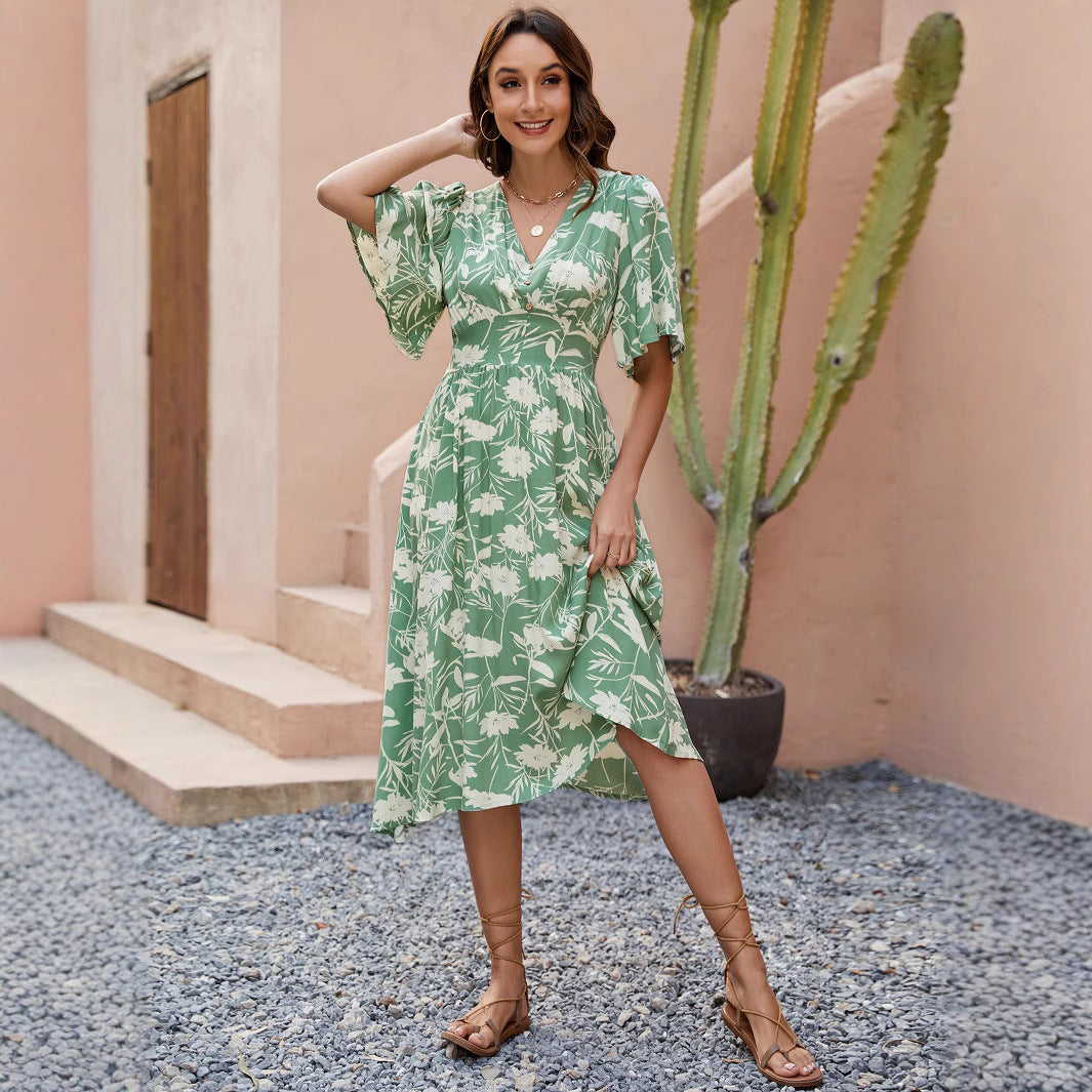 Damen Midi-Kleid im Boho-Stil mit floralen Mustern Drune