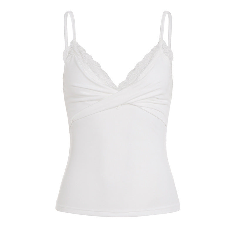 Damen Spaghetti-Top mit Spitzenborte und Wickeldesign Drune