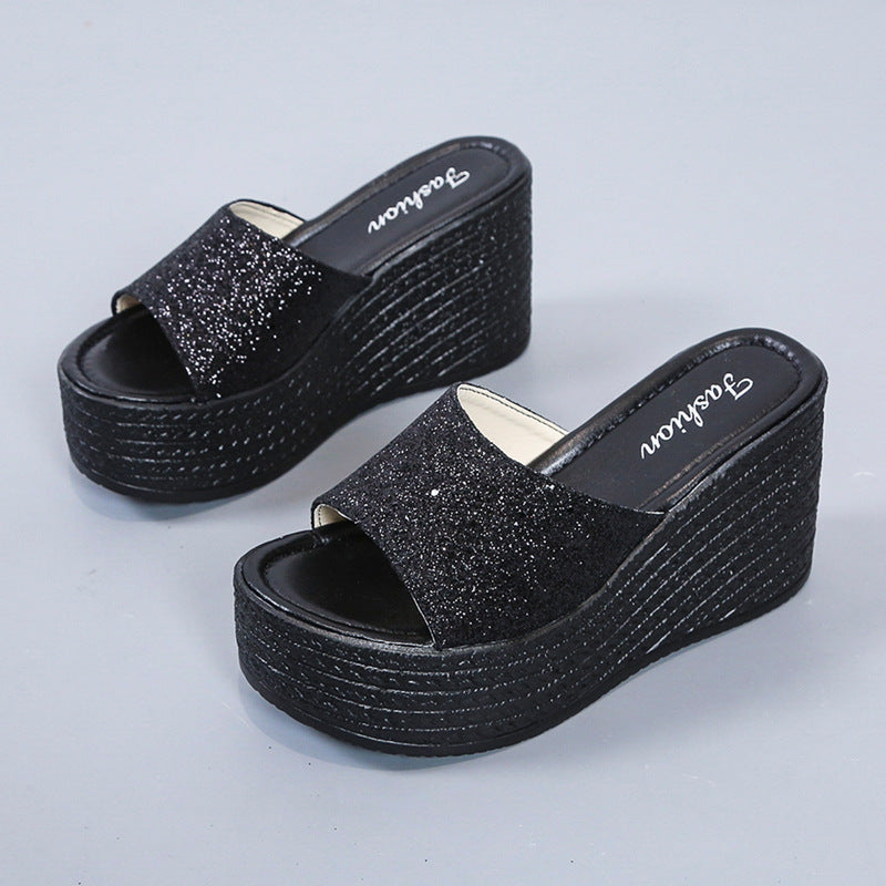 Damen nan offene Plateau-Mule mit glitzerndem Riemen, geprägter Keilsohle und gepolstertem Komfortfußbett Drune