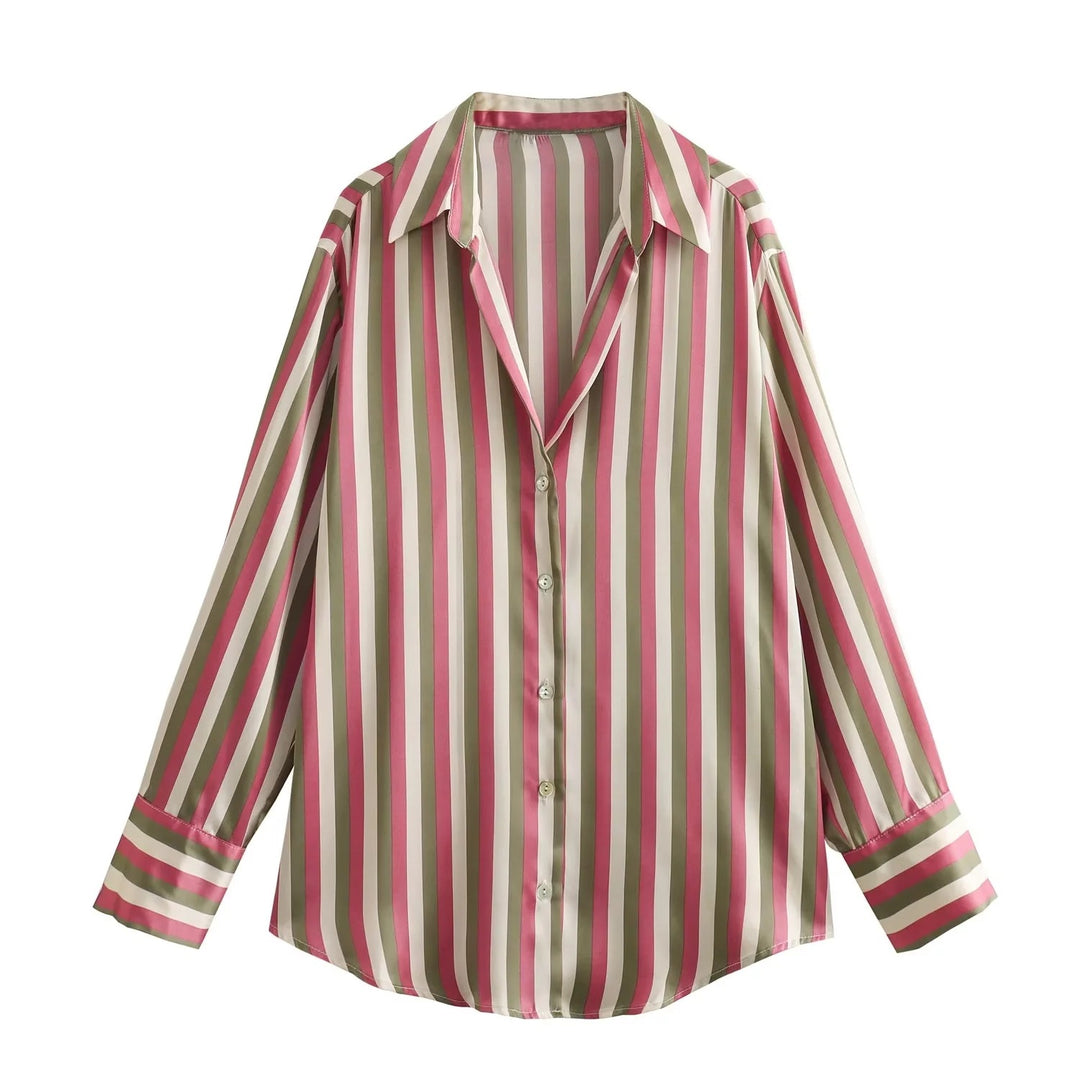 Damen Oversized Satinbluse mit Hemdkragen und breiten Manschetten Drune