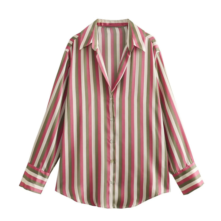 Damen Oversized Satinbluse mit Hemdkragen und breiten Manschetten Drune