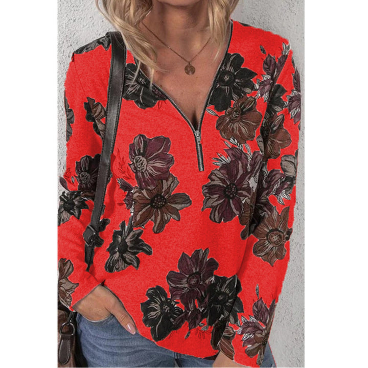 Damen lockeres V-Ausschnitt Longsleeve-Shirt mit kurzem Reißverschluss und floralem Allover-Druck Drune