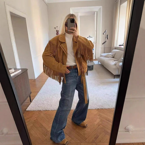Damen Fransenjacke aus weichem Wildlederimitat mit taillierbarem Gürtel Drune