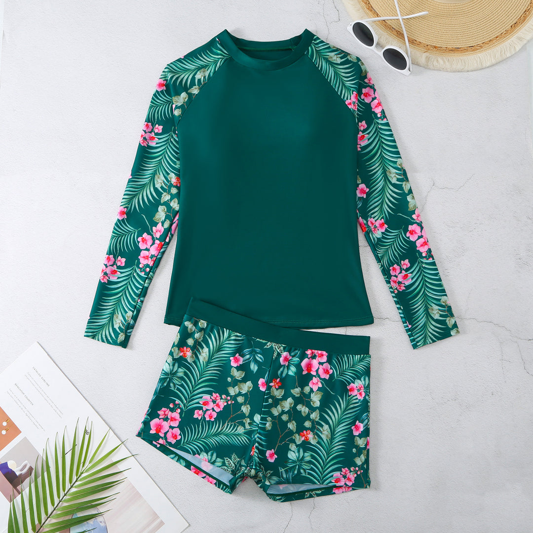 Damen UV-Schutz Badeanzug mit floralem Langarmoberteil und komfortablem Shorts Drune