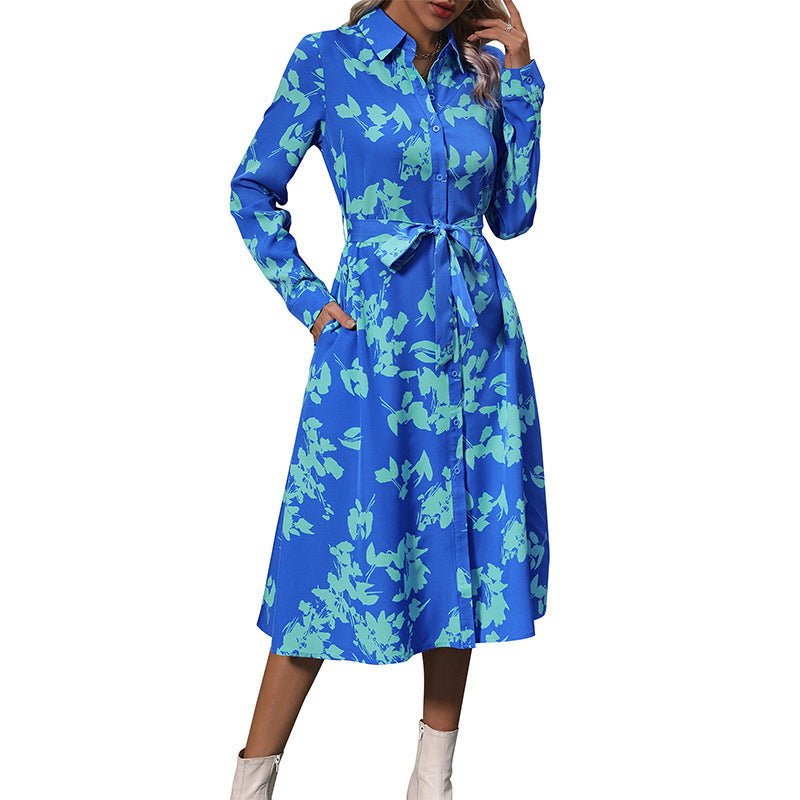 Damen Langärmliges Hemdblusenkleid mit Taillengürtel Drune