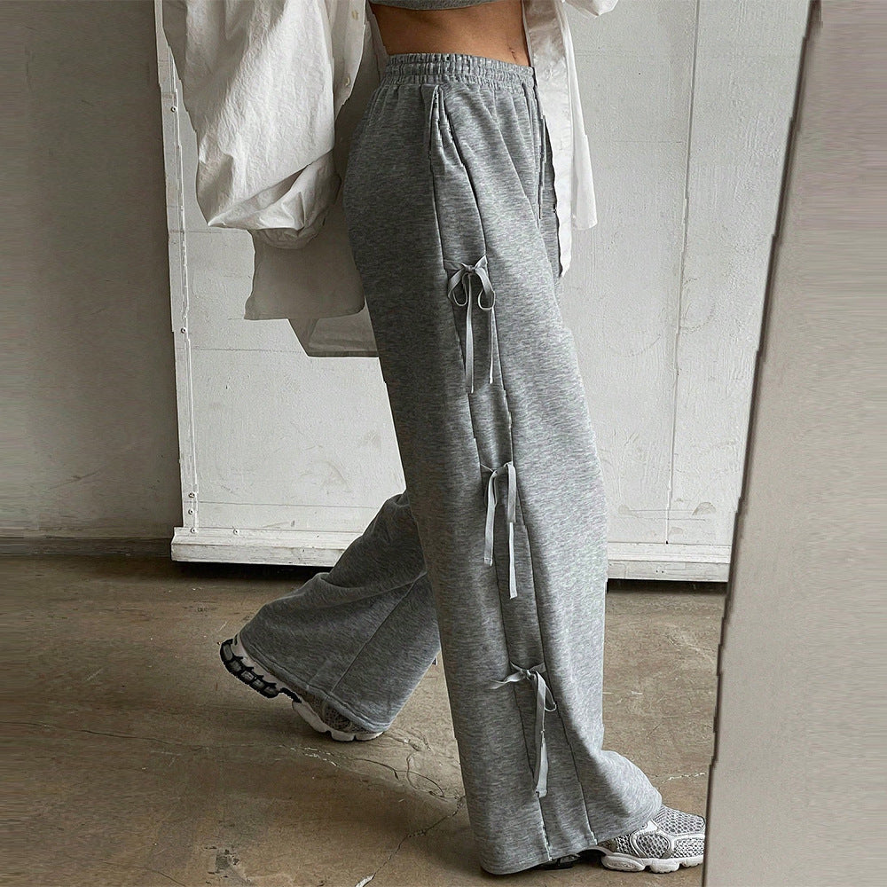 Damen lockere Wide‑Leg Loungehose mit elastischem Bund, Kordelzug und seitlichen Zierschleifen Drune