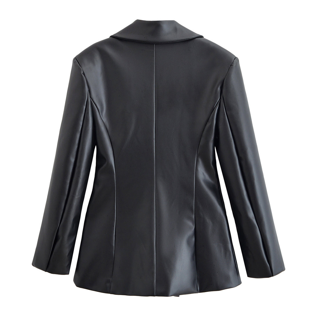 Damen Taillierter Longline-Kunstlederblazer mit Ein-Knopf-Verschluss und Pattentaschen Drune