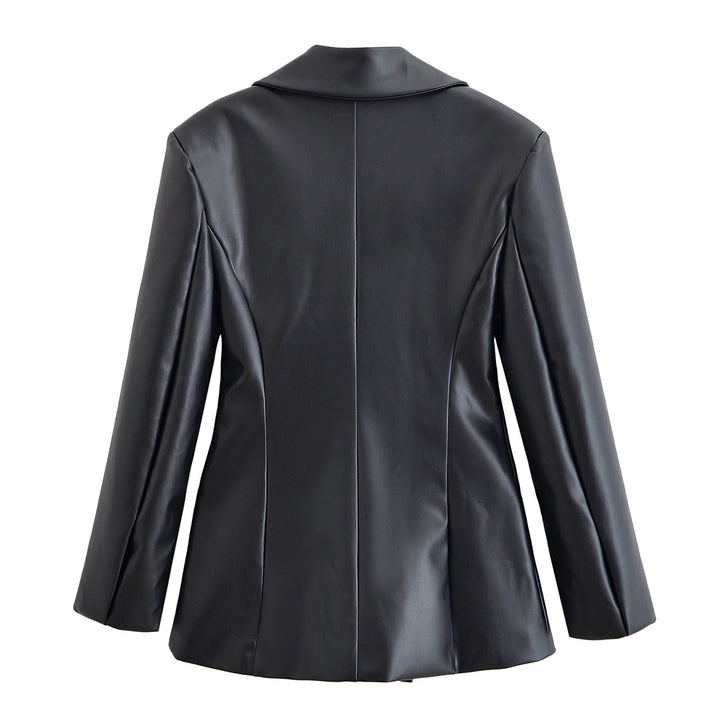 Damen Taillierter Longline-Kunstlederblazer mit Ein-Knopf-Verschluss und Pattentaschen Drune