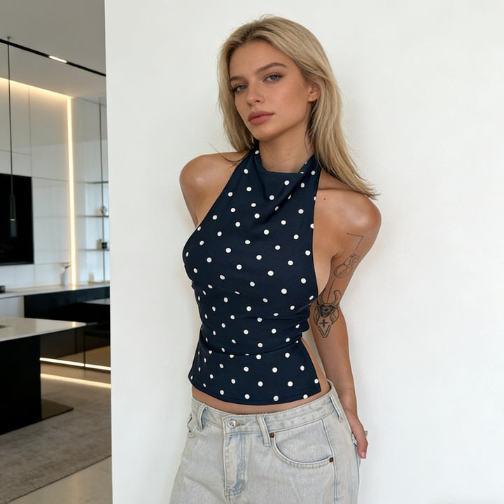 Damen Polka-Dots Haltertop mit hohem Kragen und figurformendem Schnitt Drune