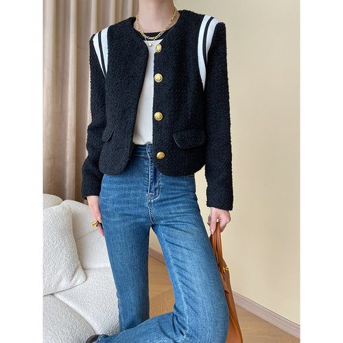 Damen Bouclé-Jacke mit goldenen Knöpfen und Streifen Drune