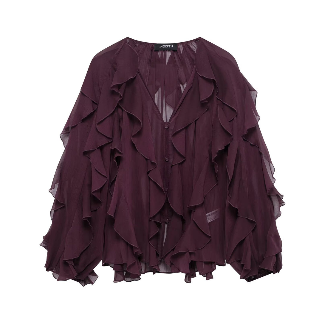 Damen nan feminine Chiffon-Volantbluse mit Ballonärmeln und V-Ausschnitt Drune