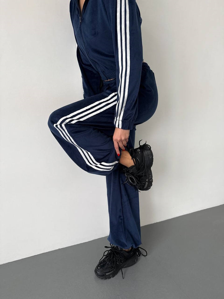 Damen Retro-Samt Trainingsanzug mit seitlichen Streifen, hochgeschnittener Bund und Reißverschluss Drune