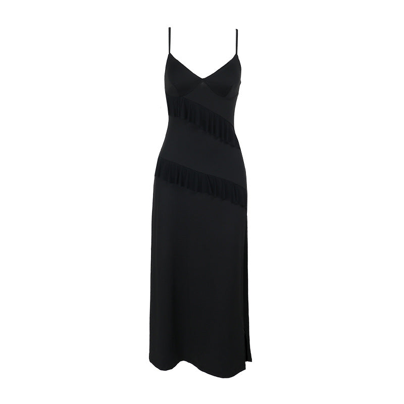 Damen elegantes Wickelkleid mit Rüschen und hohem Schlitz Drune
