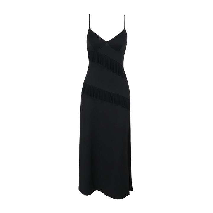 Damen elegantes Wickelkleid mit Rüschen und hohem Schlitz Drune
