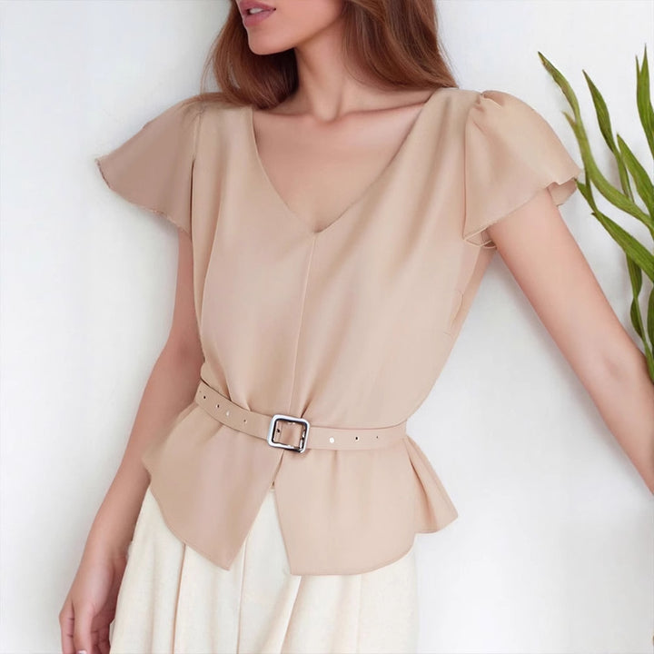 Damen Blusenshirt mit Taillengürtel und elegantem V-Ausschnitt Drune