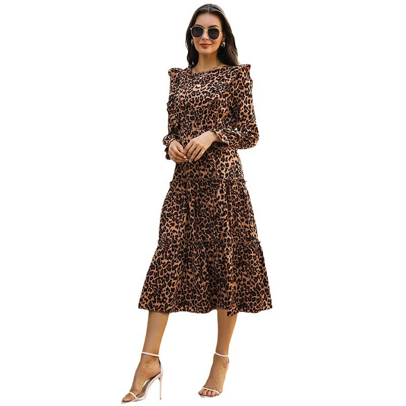 Damen Stufen-Midikleid mit Volantrock, Leo‑Print und elastischen Ärmelabschlüssen Drune