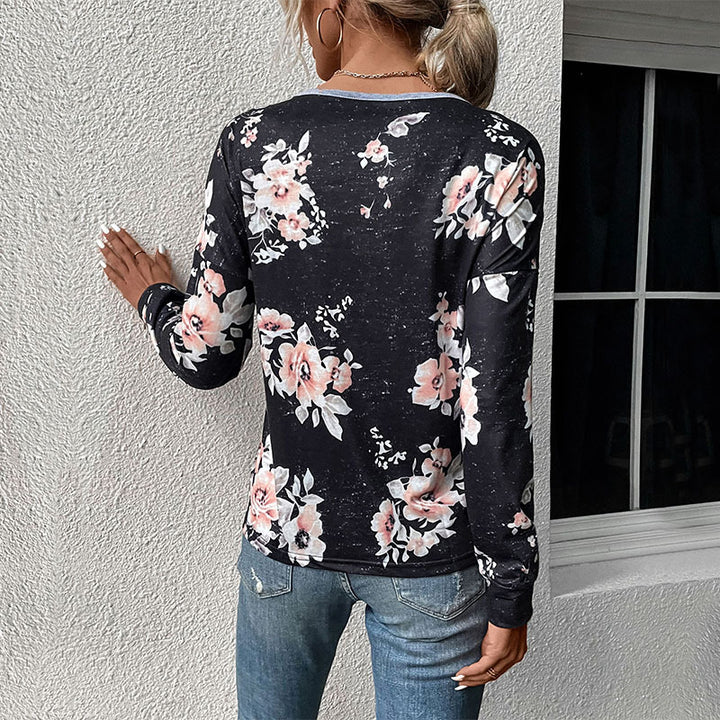 Damen Lässiges Langarm-Jerseyshirt mit kontrastiertem V‑Einsatz, Pompon‑Borte und floralem Alloverprint Drune
