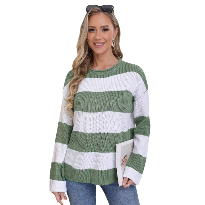 Damen lässiger Strickpullover mit breiten Streifen und lockerer Passform Drune
