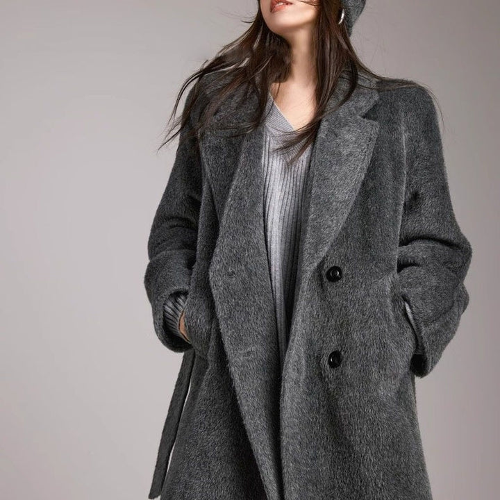 Damen Modischer und eleganter Bouclé-Mantel mit doppelter Knopfleiste Drune