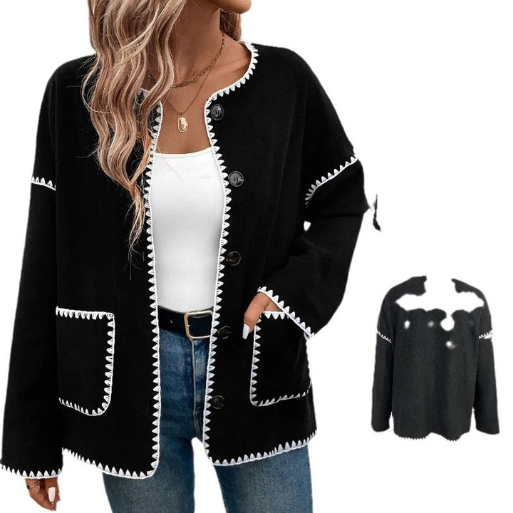 Damen modische Strickjacke mit dekorativem Kontrastbesatz und großen Taschen Drune