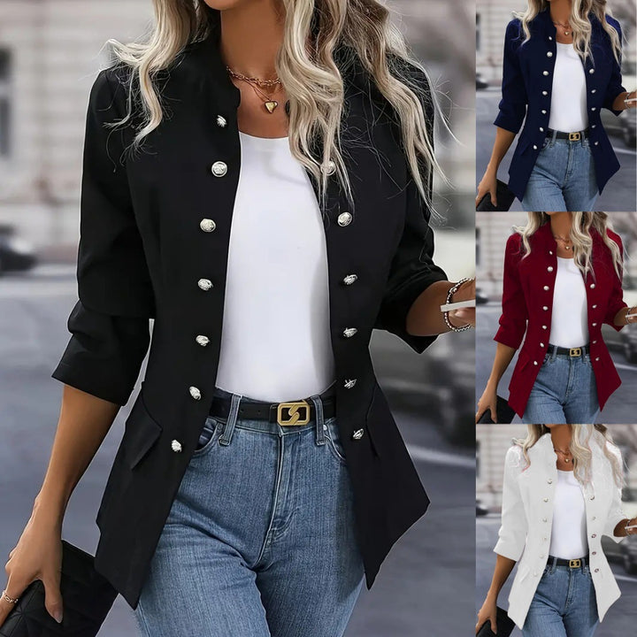 Damen nan taillierter Longblazer mit Stehkragen, dekorativer Metallknopfleiste und 3/4-Ärmeln Drune