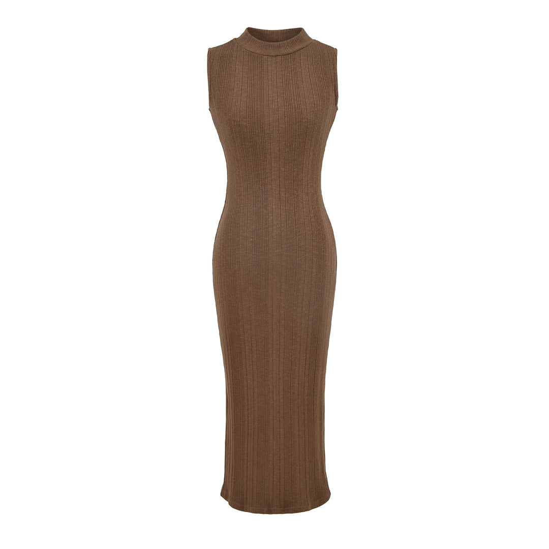 Damen Midikleid in Rippstrick, ärmelloses Slim‑Fit mit Stehkragen Drune