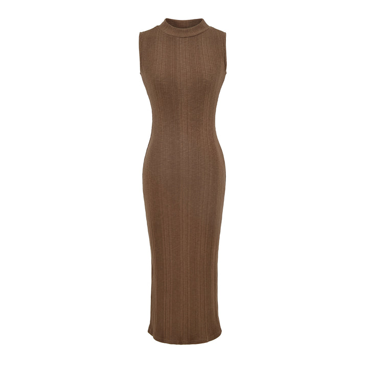 Damen Midikleid in Rippstrick, ärmelloses Slim‑Fit mit Stehkragen Drune