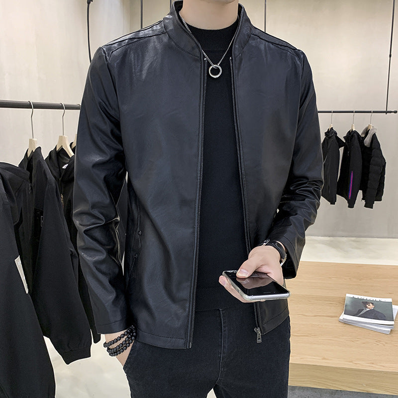 Herren schmal geschnittener Kunstleder Flightblouson mit minimalistischem Stehkragen und verdeckter Reißverschlussleiste Drune