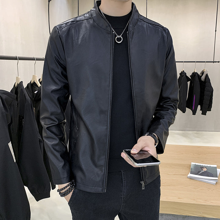 Herren schmal geschnittener Kunstleder Flightblouson mit minimalistischem Stehkragen und verdeckter Reißverschlussleiste Drune