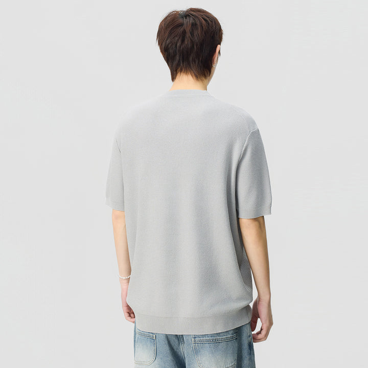 Herren Kurzarm-Strickshirt mit strukturierter Waffeloptik und V-Notch-Kragen Drune